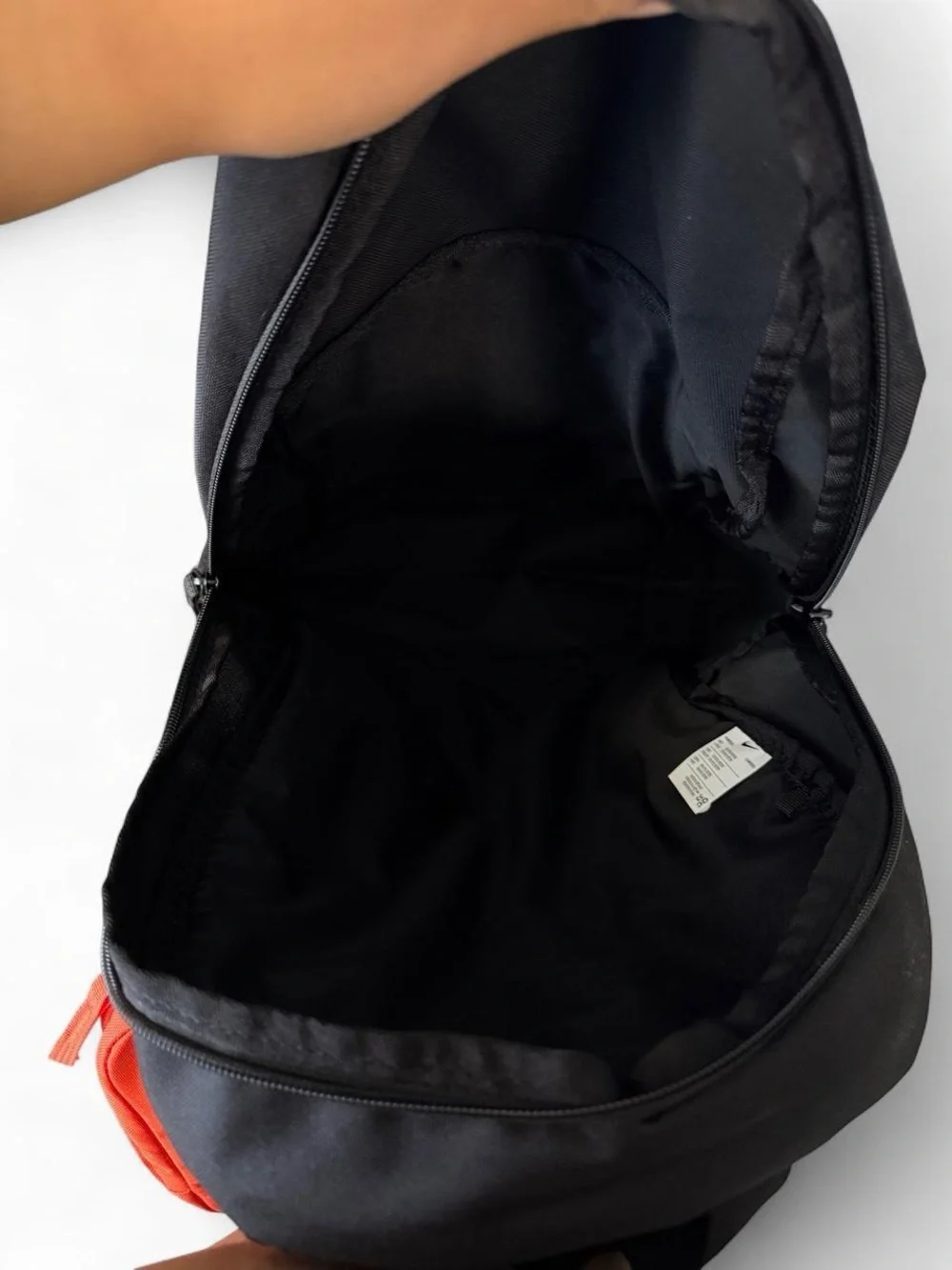 Nike Black Backpack with Orange Zip Pouch and White Logo